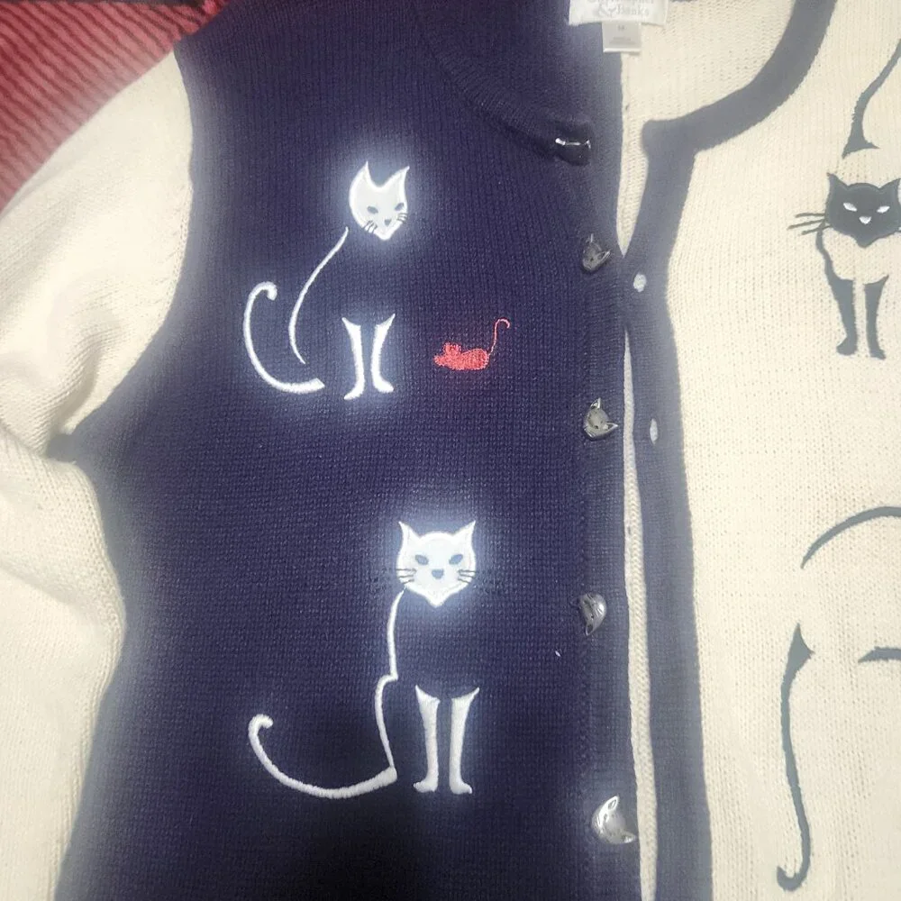 Christopher & Banks Cat Cardigan Multi Color Size Medium - Picture 2 of 8